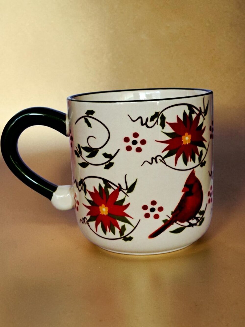 Temptations by Tara old world Poinsettia Cardinal Christmas mug